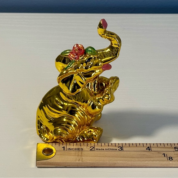 Ceramic Elephant w/Glitter Rose Leaves Figurine Statue Gold Painted Gift Decor - Picture 7 of 7